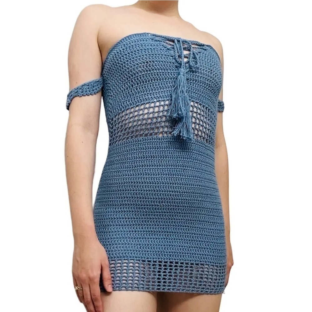 MAJORELLE Blue Crochet Off-Shoulder Mini Dress